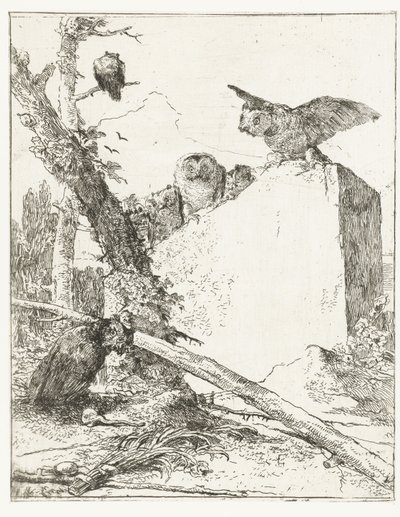 Title Print for Scherzi di Fantasia with Owls by a Stone (Scherzi di Fantasia) by Giovanni Battista Tiepolo