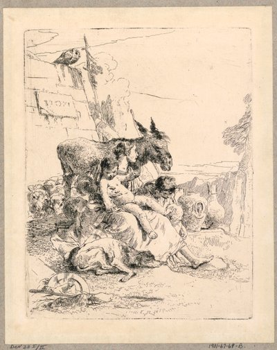 Woman with Two Children and a Donkey, plate 21 from the Scherzi di Fantasia by Giovanni Battista Tiepolo