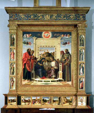 Coronation of the Virgin with SS. Paul, Peter, Jerome and Francis of Assisi with scenes from the lives of the saints in the predella panel, known as the Pala di Pesaro altarpiece by Giovanni Bellini