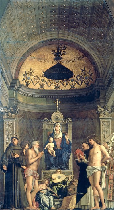 Madonna and Child Enthroned between SS. Francis, John the Baptist, Job, Dominic, Sebastian and Louis (the San Giobbe Altarpiece) by Giovanni Bellini