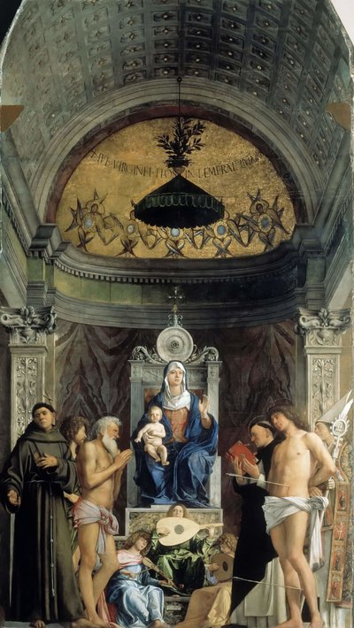 Madonna and Child, Musical Angels and the Saints Francis, John the Baptist, Job, Dominic..., ca. 1487 by Giovanni Bellini