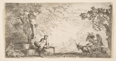 A Satyr Reclining at the Foot of a Statue of Priapus, Goats at the Right by Giovanni Benedetto Castiglione