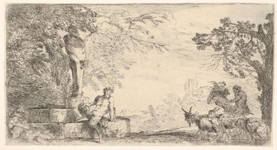 A Satyr Reclining at the Foot of a Statue of Priapus, Goats at the Right by Giovanni Benedetto Castiglione