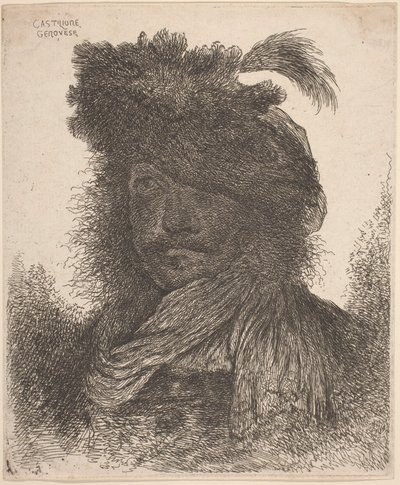 Bearded Man with Shadowed Face, Wearing a Scarf and a Plumed Hat by Giovanni Benedetto Castiglione