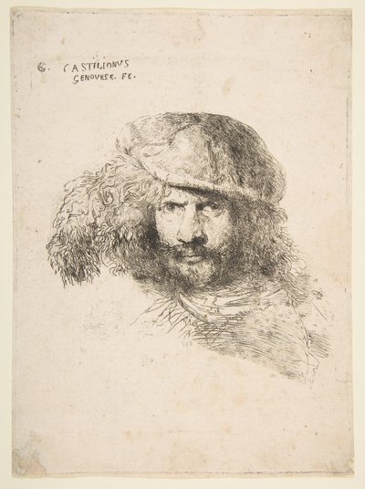 Head of a Man Wearing a Feathered Cap, Possibly Bernini, Possibly a Self Portrait by Giovanni Benedetto Castiglione