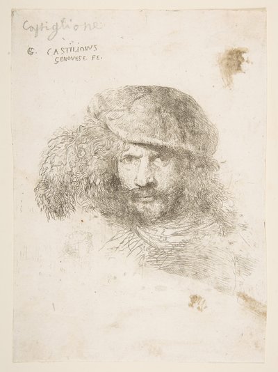 Head of a man wearing a feathered cap possibly Bernini, possibly a self portrait, ca. 1645-1650 by Giovanni Benedetto Castiglione