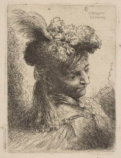 Young Man Facing Three Quarters Right Wearing a Fur Headdress with a Plume, Jewel by Giovanni Benedetto Castiglione