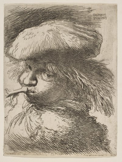 Young man with a trumpet facing left, from the series of Small Heads in Oriental... by Giovanni Benedetto Castiglione