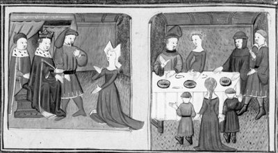 Decameron, Gilette asks the king to marry Beltramo di Rossiglione; Giletta presents her children to Beltramo. Third day, story 9 by Giovanni Boccaccio