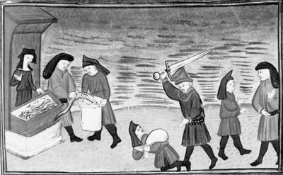 Decameron, Biondello shows the lampreys to Ciacco; Filippo attacks Biondello; Ciacco and Biondello reconcile. Ninth day, story 8 by Giovanni Boccaccio