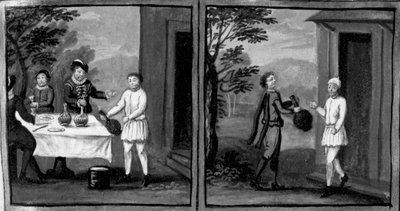 Decameron, Baker Cisti offers wine to Geri Spina and his guests; a servant of Geri goes to Cisti to ask for wine. Sixth day, story 2 by Giovanni Boccaccio