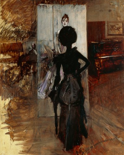 Lady in Studio of Painter Facing White Pastel by Giovanni Boldini