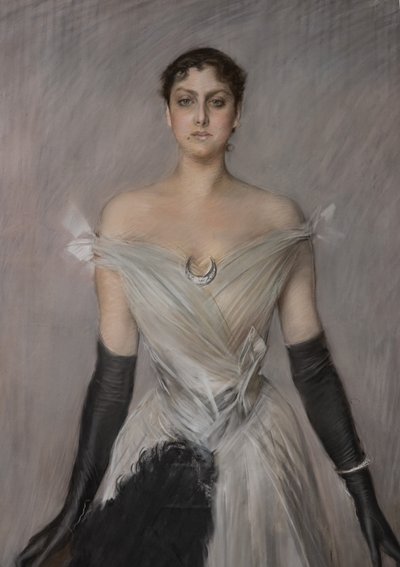 Portrait of a lady in white with gloves and fan (detail) by Giovanni Boldini