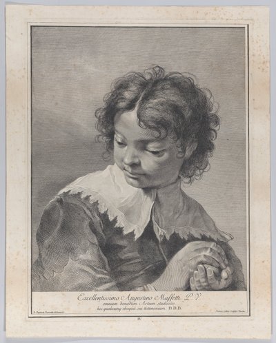 Boy with a lace collar holding a piece of fruit in his hands, 1743 by Giovanni Cattini