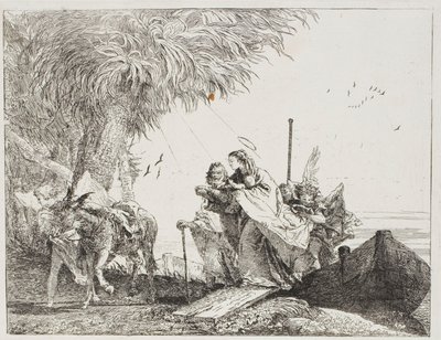 Mary, Helped by Joseph and an Angel, Stepping Out of the Boat, plate eighteen from The Flight into Egypt by Giovanni Domenico Tiepolo