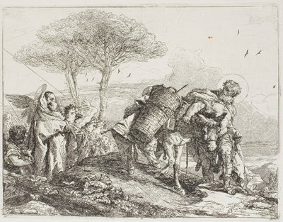 Mary, Helped by Two Angels, Follows Joseph with the Donkey (plate 25 from The Flight into Egypt) by Giovanni Domenico Tiepolo