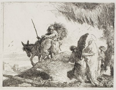 Mary, Supported by Two Angels, Follows Joseph, plate 26 from The Flight into Egypt by Giovanni Domenico Tiepolo