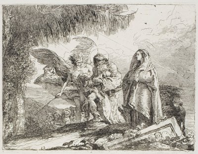 Mary and Joseph, Holding the Child, are Escorted by an Angel, plate twelve from The Flight into Egypt by Giovanni Domenico Tiepolo