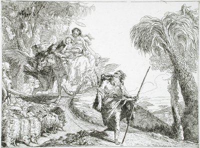 The Holy Family Descending a Forest Path, Near a Flock and Some Shepherds by Giovanni Domenico Tiepolo