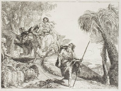 The Holy Family Descending a Forest Path, Near a Flock and Some Shepherds (plate 21 from The Flight into Egypt) by Giovanni Domenico Tiepolo