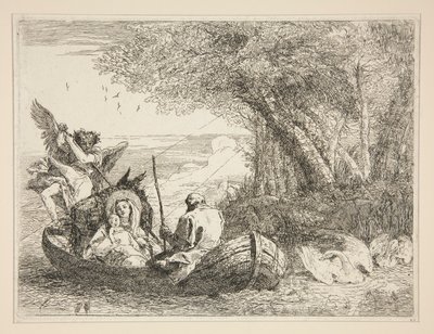 The Holy Family Traveling by Boat, from the series Idee pittoresche sopra la fuga in Egitto (Flight into Egypt) by Giovanni Domenico Tiepolo