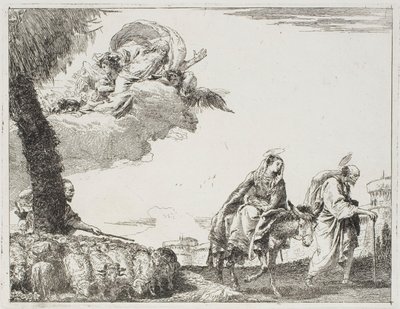 The Holy Family Walking Along a City Wall. On the left, a Shepherd with his Flock and God the Father, plate eight from The Flight into Egypt by Giovanni Domenico Tiepolo