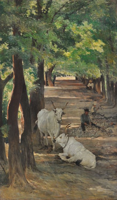 Avenue with oxen and stone breakers, c.1875 by Giovanni Fattori