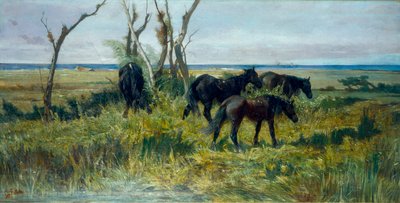Maremma Pasture. Grazing Horses by Giovanni Fattori