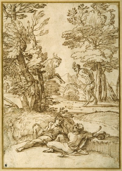 A landscape with two shepherds lads resting, while a satyr and a goat dance by Giovanni Francesco Grimaldi
