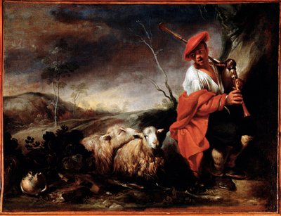Shepherd Playing Bagpipes with His Sheep by Giovanni Francesco Castiglione