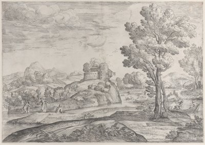 A House Atop a Round Rock at Center, People in the River and in Canoes by Giovanni Francesco Grimaldi