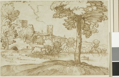 Landscape with a Large Tree on the Right and a Distant View of a Town on the Left by Giovanni Francesco Grimaldi