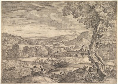 Landscape with a brick factory in the middle ground, a standing man in the foreground, 1626-80 by Giovanni Francesco Grimaldi