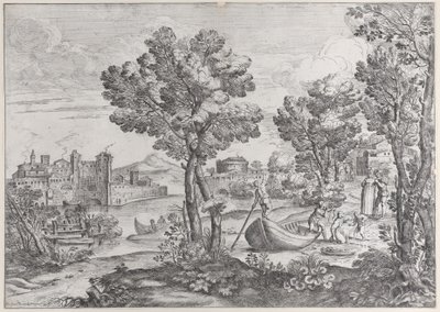 Landscape with a man holding a snake to a terrified child, watched by a fashionably dressed person, 1626-80 by Giovanni Francesco Grimaldi