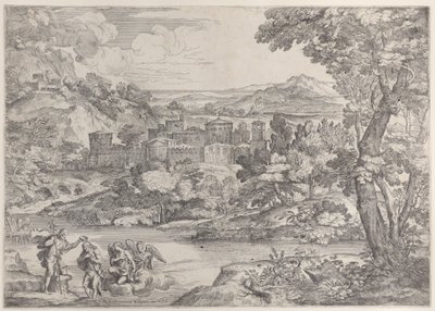 The Baptism of Christ at lower left, within a landscape by Giovanni Francesco Grimaldi