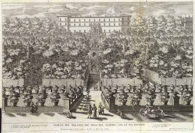 View of the Palace from the Garden Level with its Fountains, from La Fontane, pub. c 1691 by Giovanni Francesco Venturini