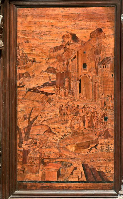 Genoa, Duomo (St Lawrence Cathedral), inside, apse, choir, North side: "Moses rescued from the waters", wood intarsia by Giovanni Francesco Zambelli (XVI century) by Giovanni Francesco Zambelli
