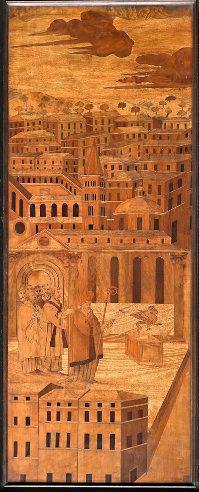 Genoa, Duomo (St Lawrence Cathedral), inside, apse, choir, North side: "St Syrus drives away the basilisk", wood intarsia by Anselmo De