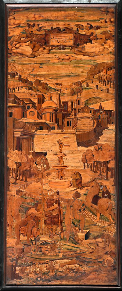Genoa, Duomo (St Lawrence Cathedral), inside, apse, choir, South side: "Allegory", wood intarsia by Giovanni Francesco Zambelli (XVI century) by Giovanni Francesco Zambelli