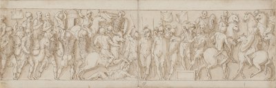 A Sarmatian village is destroyed under the eyes of the emperor; barbarians look on from a stand; Marcus Aurelius receives a mounted German messenger on horseback by Giovanni Guerra