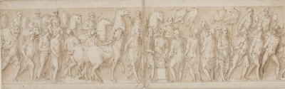 Captured Women are Taken Away (end of LXXIII); Parade of the Lifeguards (LXXIV); Marcus Aurelius Sacrifices at an Altar (LXXV); Marcus Aurelius Watches an Attack (beginning of LXXVI) by Giovanni Guerra