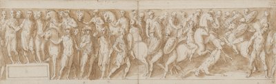 Marcus Aurelius Receiving a Report of the Capture of the Women (LXXXVI); Marcus Aurelius Arrives from a March (LXXXVII); a German Chief is Taken Away (LXXXVIII); the Chief’s Last Men Fall (from a Bridge which Guerra has not Reproduced) (LXXXIX) by Giovanni Guerra