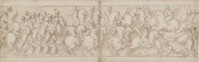 Marcus Aurelius sets out over a wharf with infantry and cavalry; the Sarmatians are repulsed by advancing Romans by Giovanni Guerra