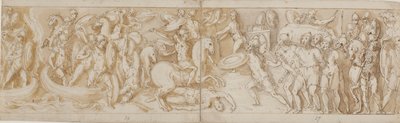 Roman soldiers crossing a river in boats (largely restoration); a fighting Roman soldier; Roman guards bringing barbarian prisoners before the emperor; beginning of a march by Giovanni Guerra