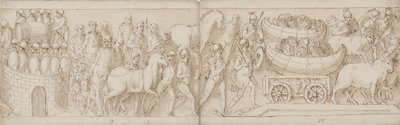 The Besieged Romans Receive Reinforcements from the Other Side, the Romans on the March with the Emperor; Shields in Boats are Pulled Over a Bridge on Ox-Carts by Giovanni Guerra