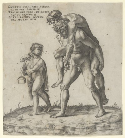 Aeneas Rescuing Anchises, a Young Boy Carrying a Lantern at Left by Giovanni Jacopo Caraglio
