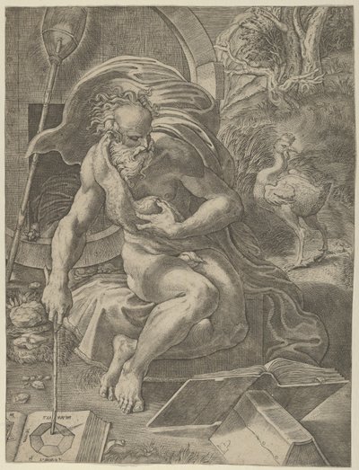 Diogenes Seated with His Barrel Behind Him, and Reading a Book While Holding a Stick by Giovanni Jacopo Caraglio