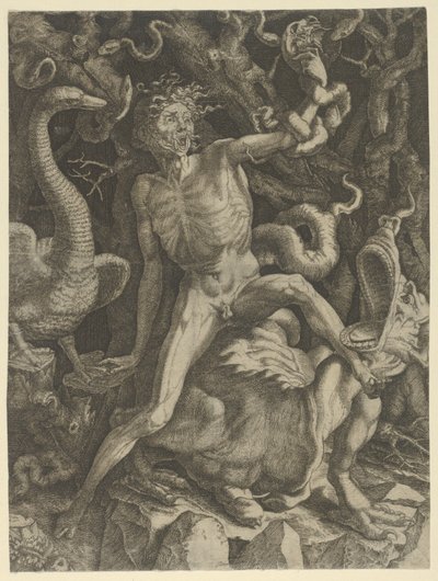 Fury personified as an old man riding a monster, holding a skull in his left hand by Giovanni Jacopo Caraglio