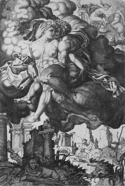 Ixion Attempting to Seduce Juno, Surrounded by Clouds with Ruins Below by Giovanni Jacopo Caraglio
