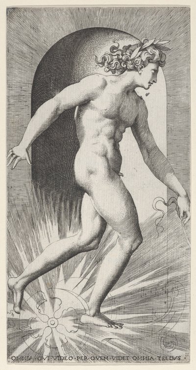 Apollo riding his chariot in a niche, facing right, from a series of mythological scenes, 1526 by Giovanni Jacopo Caraglio